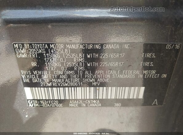 2T3WFREV2GW280611 2016 TOYOTA LE Gray Շարժիչի բաժամունքի տեսք
