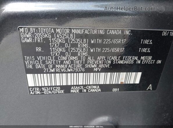 2T3WFREV6JW479376 2018 TOYOTA LE Gray Вид підкапотного простору