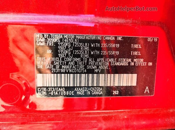 2T3Y1RFV1KC010754 2019 TOYOTA LIMITED Red 