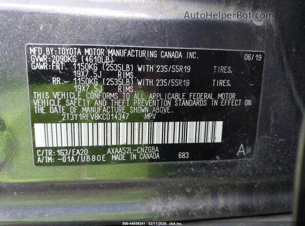 2T3Y1RFV8KC014347 2019 TOYOTA LIMITED Gray Շարժիչի բաժամունքի տեսք