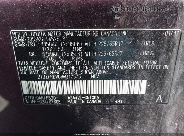 2T3ZFREV0HW347575 2017 TOYOTA LE Purple Вид підкапотного простору