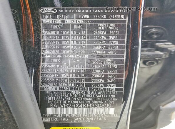 SALVR2RX4KH330809 2019 LAND ROVER RANGE Black VIN კოდის სტიკერის ხედი
