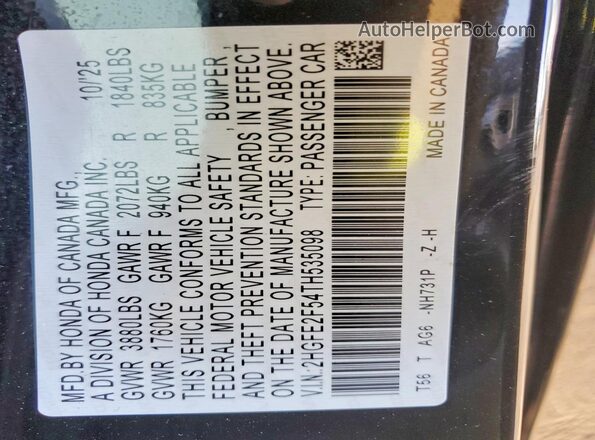 2HGFE2F54TH535098 2026 HONDA CIVIC Black Vista de la etiqueta del VIN
