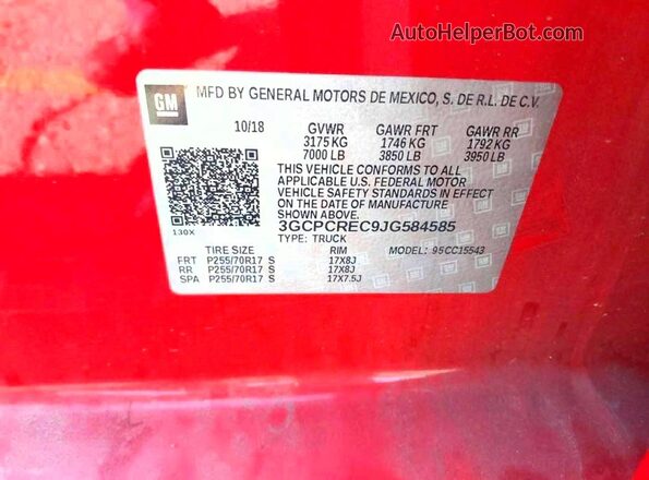 3GCPCREC9JG584585 2018 CHEVROLET SILVERADO Red უკანა სავარძლების ხედი