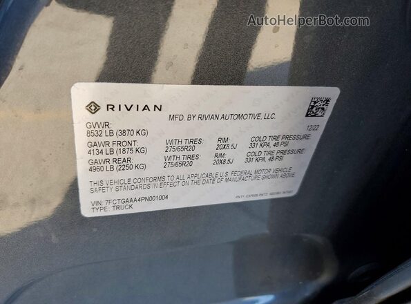 7FCTGAAA4PN001004 2023 RIVIAN R1T Gray Vista interior de 360 grados