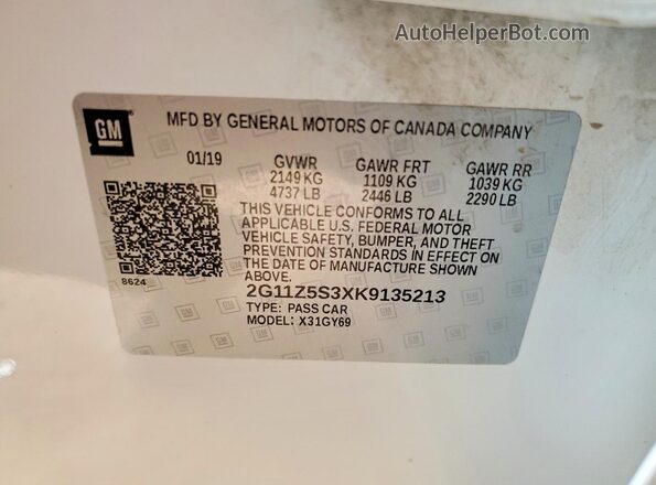 2G11Z5S3XK9135213 2019 CHEVROLET IMPALA White 