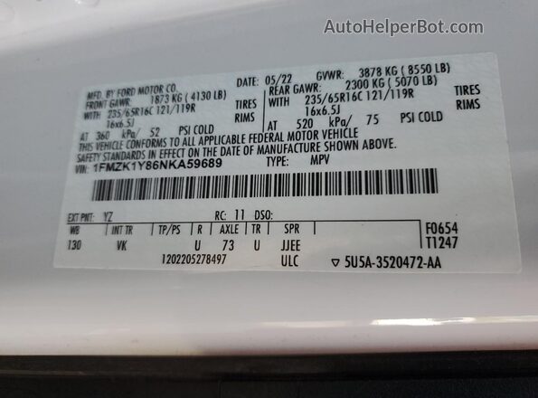 1FMZK1Y86NKA59689 2022 FORD PASSENGER White 