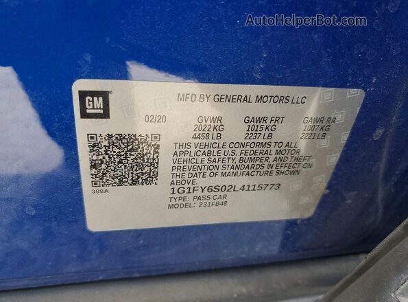 1G1FY6S02L4115773 2020 CHEVROLET BOLT Blue VIN sticker view