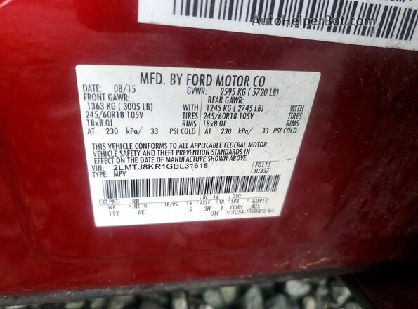2LMTJ8KR1GBL31618 2016 LINCOLN MKX Красный Панорамный вид салона 360°