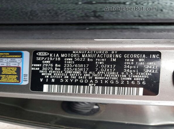 5XYPGDA51KG521656 2019 KIA SORENTO Silver 