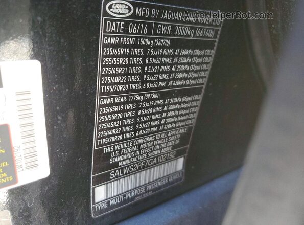 SALWS2PF7GA102192 2016 LAND ROVER RANGE Black Widok wnętrza 360 stopni