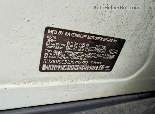5UXKR0C52J0Y02782 2018 BMW X5 White 