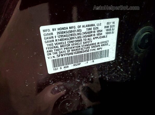 5FNYF6H61GB065450 2016 HONDA PILOT Красный 