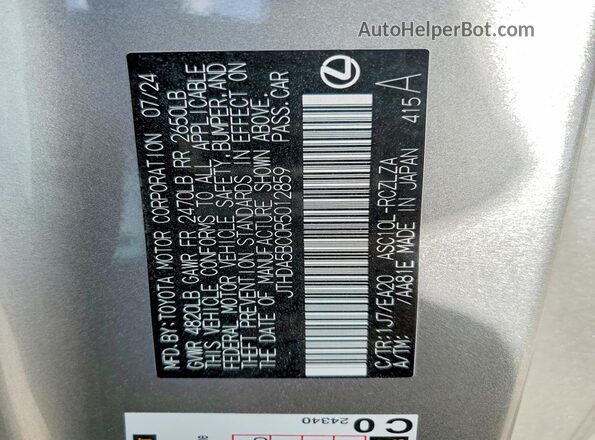 JTHDA5BC0R5012859 2024 LEXUS RC Silver Vista de la etiqueta del VIN
