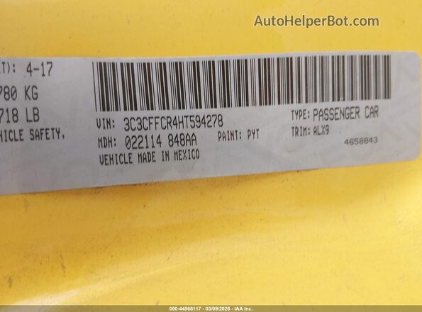 3C3CFFCR4HT594278 2017 FIAT 500 Желтый Вид подкапотного пространства