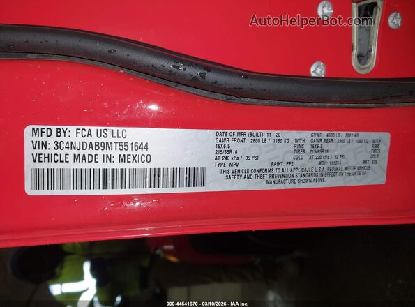 3C4NJDAB9MT551644 2021 JEEP COMPASS Оранжевый Вид подкапотного пространства