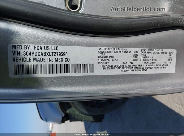 3C4PDCABXLT279596 2020 DODGE JOURNEY Gray 