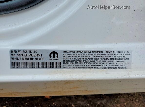 3C63R5FL2SG558441 2025 RAM 2500 White VIN კოდის სტიკერის ხედი