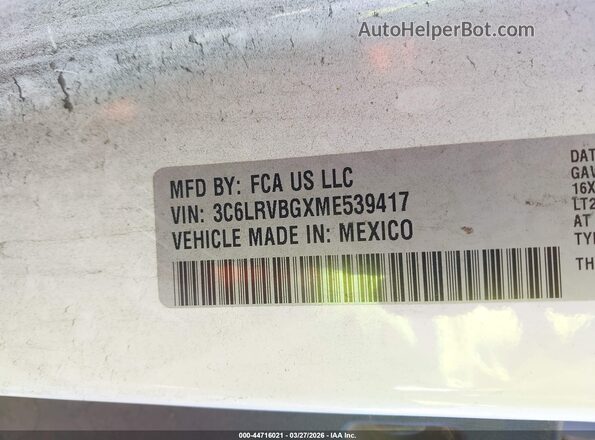 3C6LRVBGXME539417 2021 RAM PROMASTER 1500 White Engine compartment view