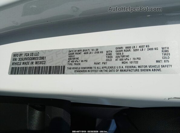 3C6LRVDG6ME513961 2021 RAM PROMASTER 2500 Белый Вид подкапотного пространства