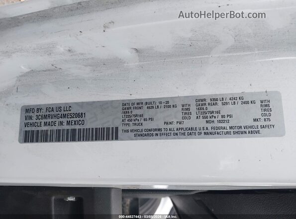 3C6MRVHG4ME520681 2021 RAM PROMASTER 3500 Белый Вид подкапотного пространства