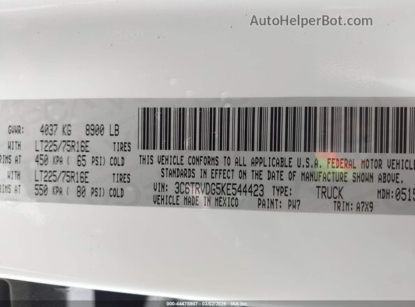 3C6TRVDG5KE544423 2019 RAM PROMASTER 2500 White 