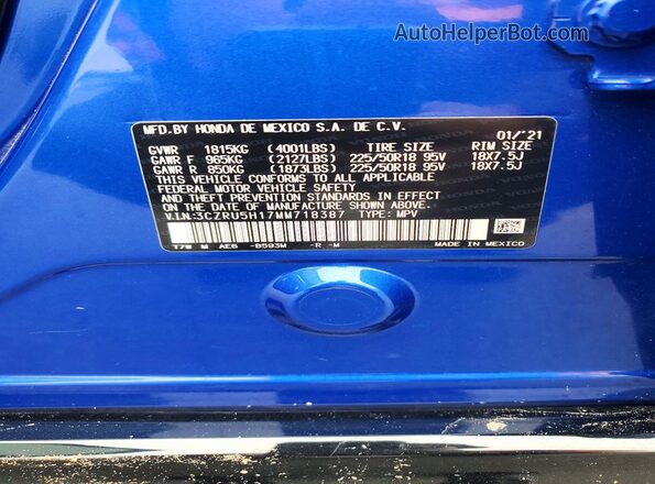 3CZRU5H17MM718387 2021 HONDA HR-V Blue Вид наклейки з VIN-кодом