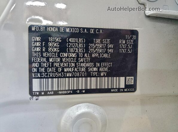 3CZRU5H31MM708701 2021 HONDA HR-V White Շարժիչի բաժամունքի տեսք