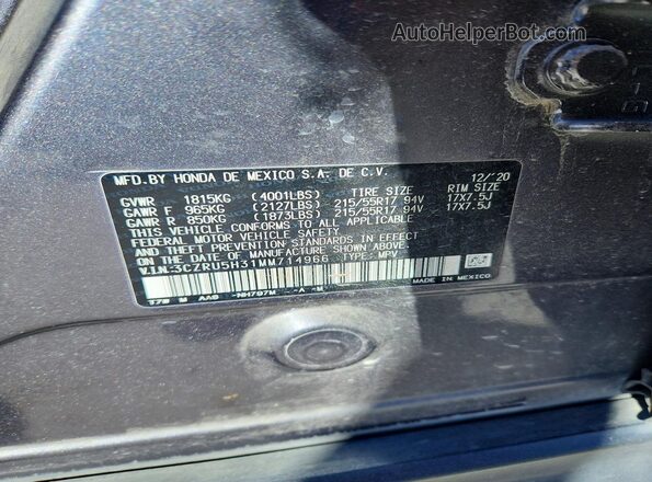 3CZRU5H31MM714966 2021 HONDA HR-V Gray Vista interior de 360 grados