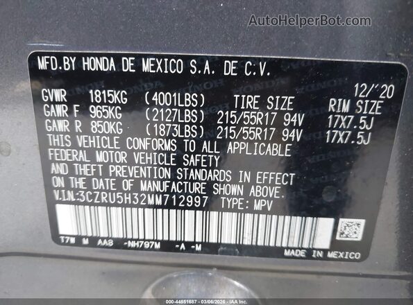 3CZRU5H32MM712997 2021 HONDA HR-V Gray Vista del compartimento del motor