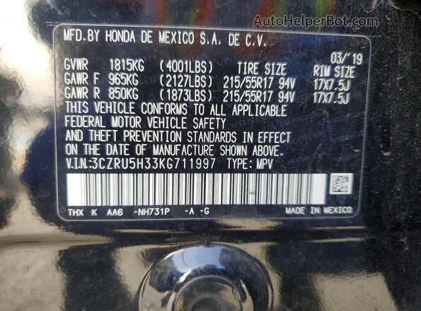 3CZRU5H33KG711997 2019 HONDA HR-V Black 