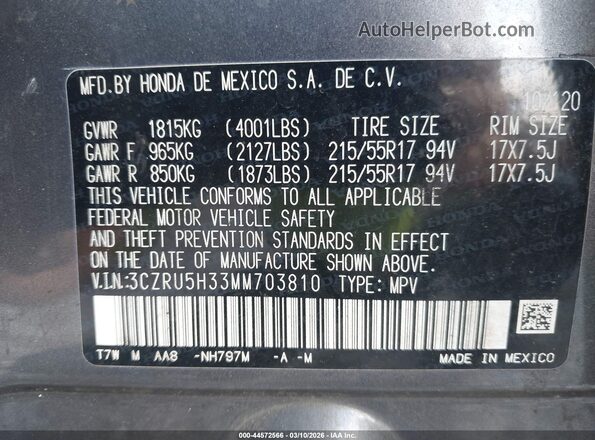 3CZRU5H33MM703810 2021 HONDA HR-V Gray Vista del compartimento del motor