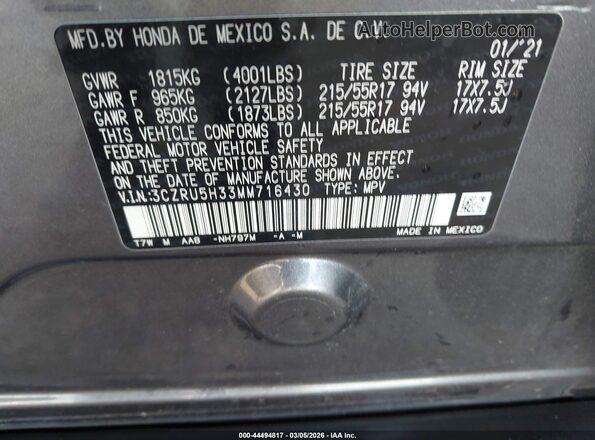 3CZRU5H33MM716430 2021 HONDA HR-V Gray Вид підкапотного простору