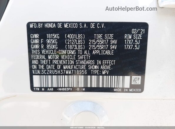 3CZRU5H37MM718956 2021 HONDA HR-V White Vista del compartimento del motor