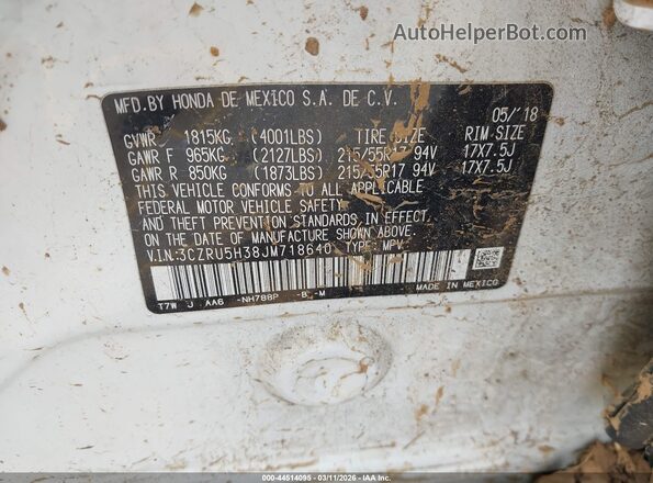 3CZRU5H38JM718640 2018 HONDA HR-V White Շարժիչի բաժամունքի տեսք