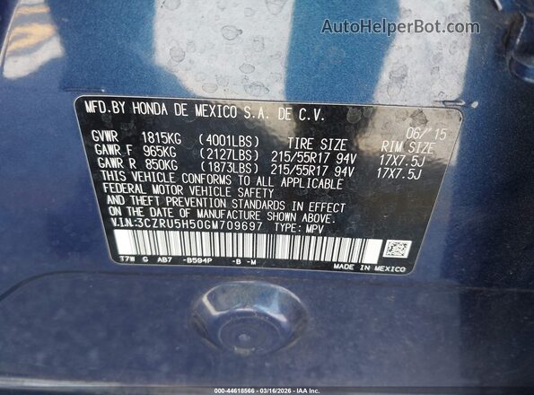 3CZRU5H50GM709697 2016 HONDA HR-V Blue Widok komory silnika