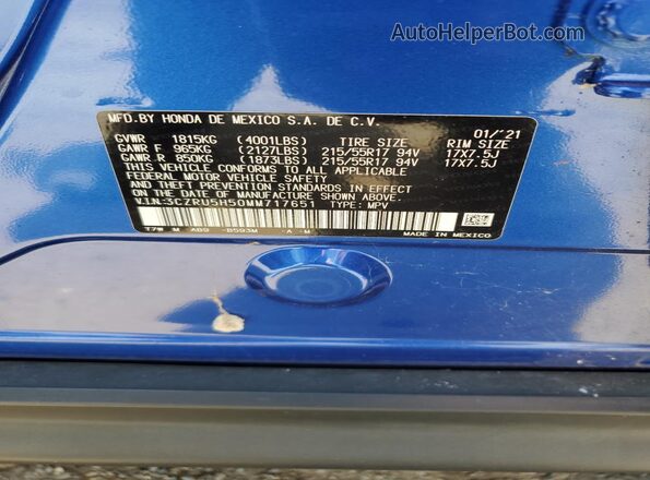 3CZRU5H50MM717651 2021 HONDA HR-V Blue Widok komory silnika