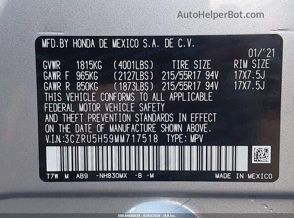 3CZRU5H59MM717518 2021 HONDA HR-V Gray Engine compartment view