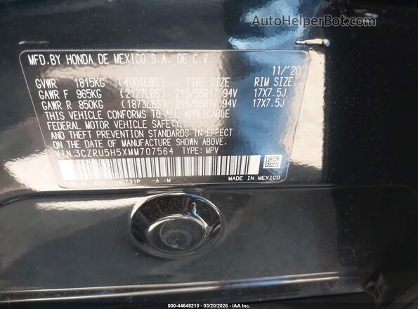 3CZRU5H5XMM707564 2021 HONDA HR-V Black Вид підкапотного простору