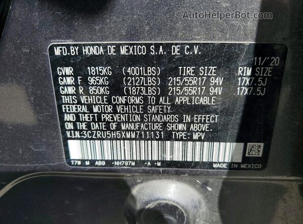 3CZRU5H5XMM711131 2021 HONDA HR-V Gray VIN კოდის სტიკერის ხედი