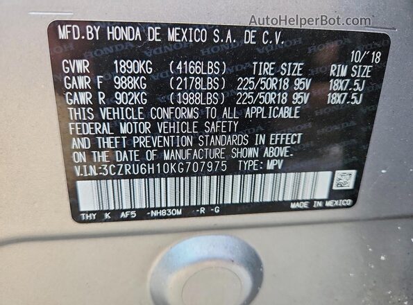 3CZRU6H10KG707975 2019 HONDA HR-V Silver 