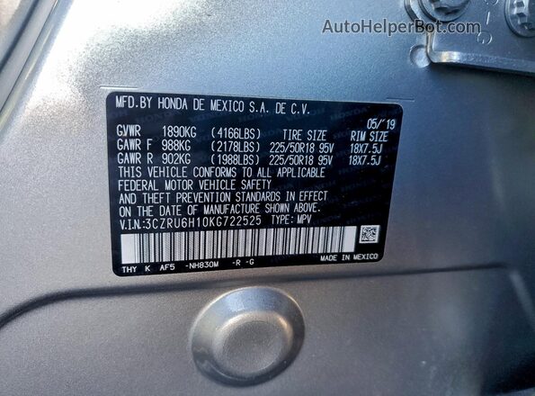 3CZRU6H10KG722525 2019 HONDA HR-V Серебряный 