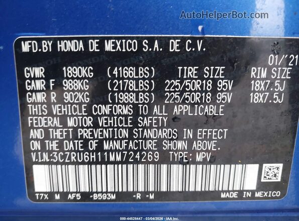 3CZRU6H11MM724269 2021 HONDA HR-V Синий 