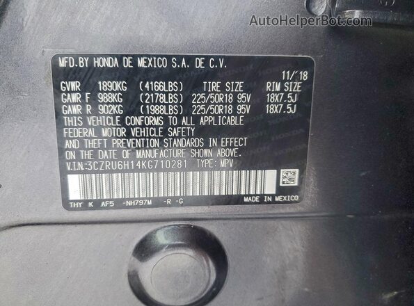 3CZRU6H14KG710281 2019 HONDA HR-V Gray 