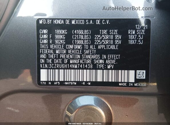 3CZRU6H14NM741438 2022 HONDA HR-V Gray Շարժիչի բաժամունքի տեսք