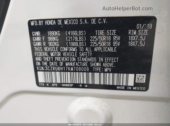 3CZRU6H17KM708008 2019 HONDA HR-V White Engine compartment view