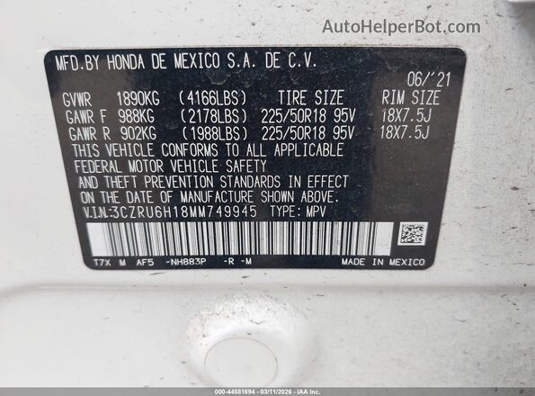 3CZRU6H18MM749945 2021 HONDA HR-V White Vista del compartimento del motor