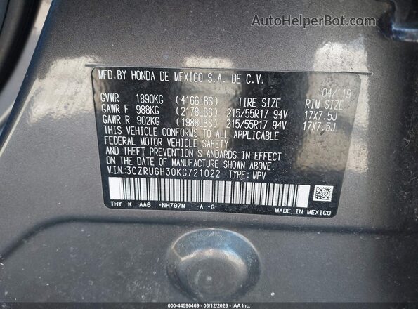 3CZRU6H30KG721022 2019 HONDA HR-V Gray Widok komory silnika