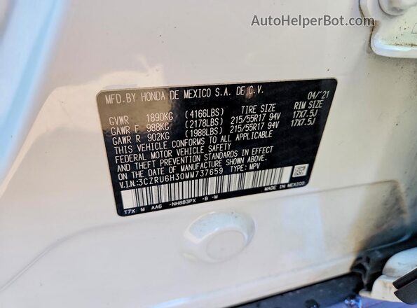 3CZRU6H30MM737659 2021 HONDA HR-V White Vista del compartimento del motor