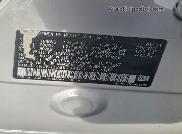 3CZRU6H32MM734309 2021 HONDA HR-V White VIN კოდის სტიკერის ხედი